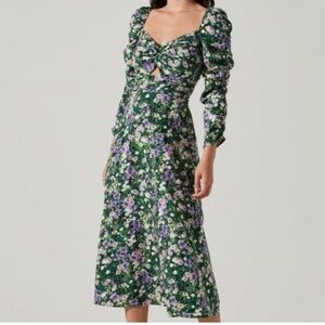 Astr Green Floral Midi Dress with Purple & White Blooms